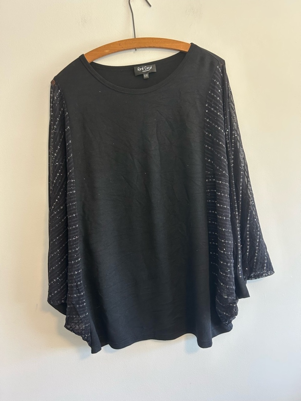 Red coral small/medium Black striped glitter bat wing long Sleeve blouse Top